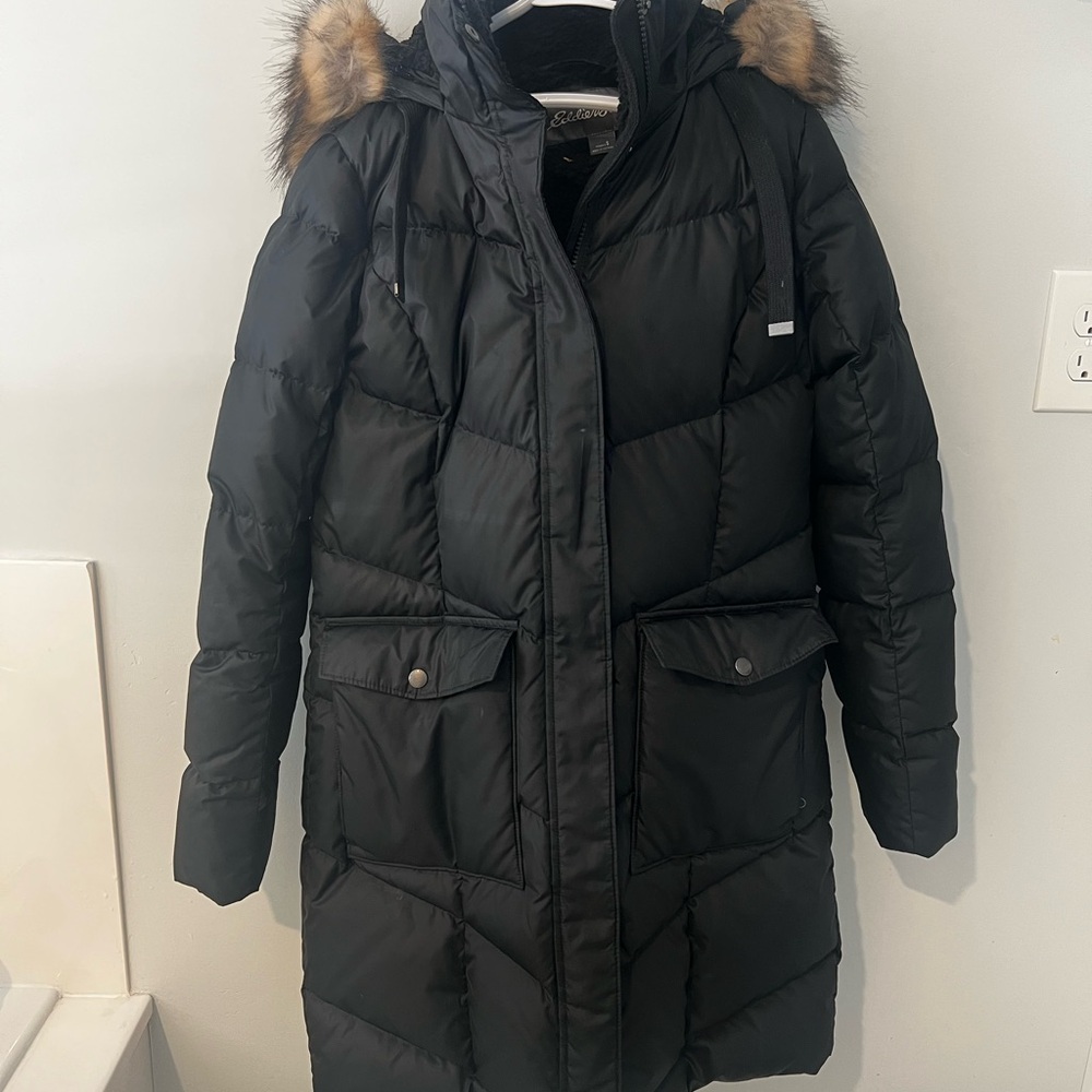 Eddie Bauer Black Puffer Coat with Fur Trim